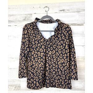 J.McLaughlin Womens L Black Tan Cheetah Cub Durham Ruffle Short Sleeve Top